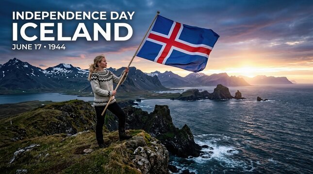 Woman celebrating a national holiday, holding an Icelandic flag atop a rugged volcanic mountain overlooking a dramatic ocean coastline at sunrise, marking Independence Day June 17 1944.