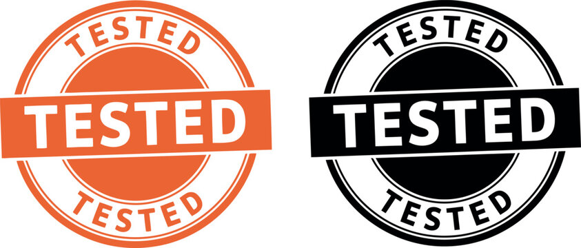Tested stamp badge set in orange and black for quality assurance and certification labels