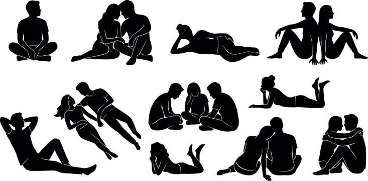 Couple silhouettes in various poses black vector illustration on white background