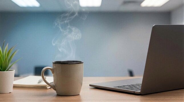 Steaming coffee mug standing on office desk next to open laptop. Morning break during workday for employee. Hot beverage for concentration and productivity in workplace business environment.