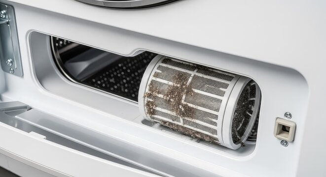 A close-up of a laundry appliance with an open access panel showing a clogged drainage filter during an essential home maintenance procedure, metal, moisture, component