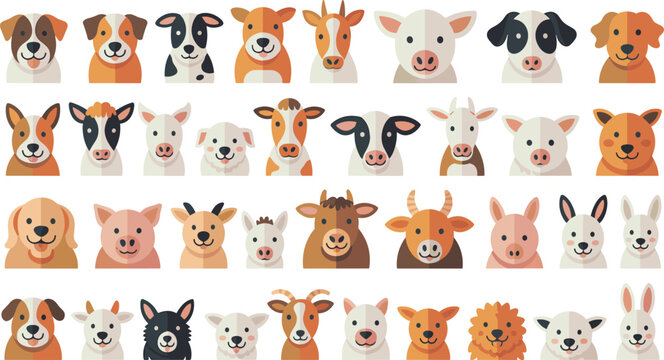 Flat dogs and farm animals vector collection with domestic pets isolated on white background