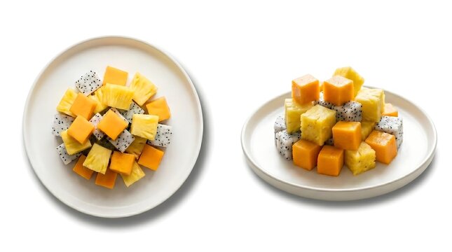 Diced Fruit Arranged and Served on a Minimalist Plate, Isolated on White Background - A minimalist food composition featuring fresh diced mango, pineapple and dragon fruit served on a ceramic plate.