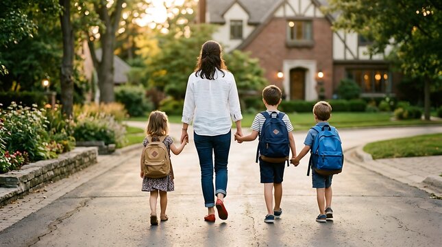 Back to school mother walking children to school on suburban street