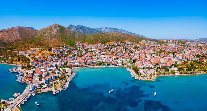 Datca beach and marina aerial panoramic view in Turkey