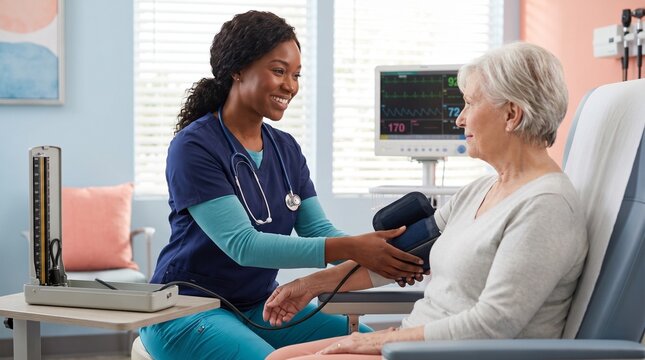 Nurse carefully wraps a blood pressure cuff around the arm of an elderly patient during a routine health examination in a hospital.