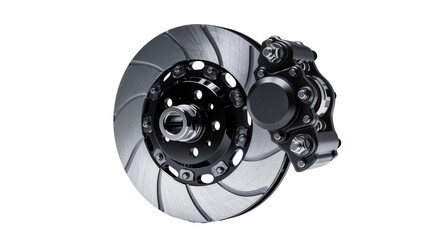 High performance vented brake disc rotor and caliper assembly, isolated on transparent background © Adrian
