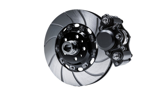 High performance vented brake disc rotor and caliper assembly, isolated on transparent background