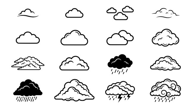 Cloud weather icons set with puffy outlines, line art shapes, and rainfall variations for forecasts and forecasts UI