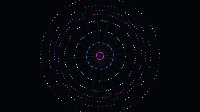 Futuristic HUD circular interface with digital data radar tracking dots and abstract sci-fi elements on black background.