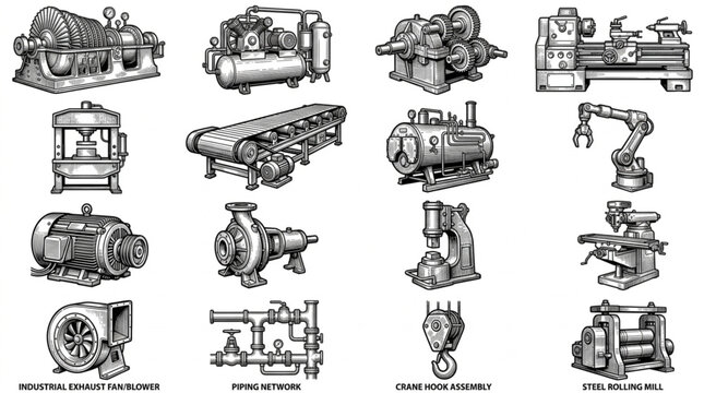 Collection of Industrial Machinery and Equipment Illustrations.