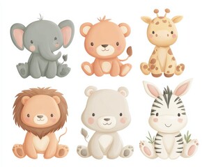 Fototapeta premium Adorable Watercolor Safari Animals Collection: Baby Elephant, Lion, Giraffe, Bear, Zebra, and Teddy Bear