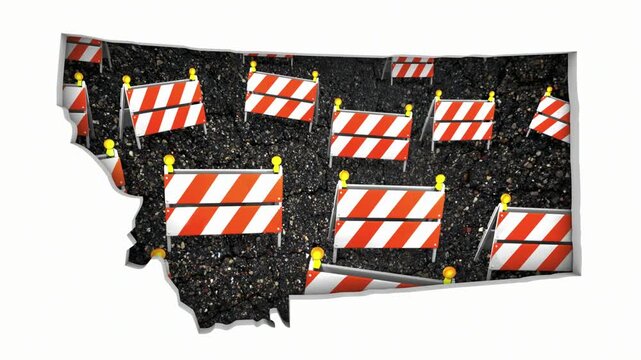 Montana MT State Map Road Construction Project Traffic Signs Barriers Barricades 3d Animation