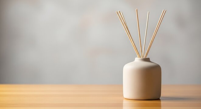 A minimalist beige ceramic diffuser sits on a surface with light wood reed sticks, creating a peaceful scene for home scent and relaxation, aromatherapy, peaceful, elegant