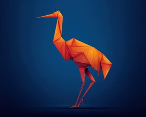 Fototapeta premium Vibrant Orange Origami Crane Bird Silhouette Standing Against Deep Blue Background