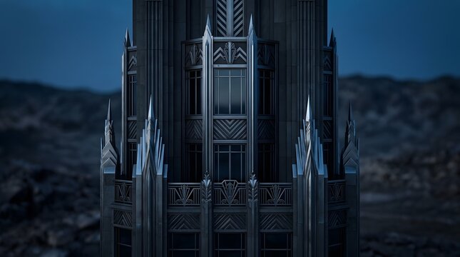 Gothic Sci-Fi Skyscraper Facade Under Dramatic Night Sky