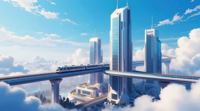 Futuristic city with high rise buildings and elevated train tracks. Modern transport moves through clouds. Clean blue sky above a developed metropolis.