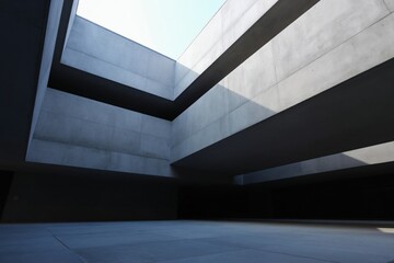 Fototapeta premium Modern concrete building interior atrium with geometric shapes, natural light. Stark, minimalist architecture with clean lines, open space. Sharp shadows create dramatic contrast. Building facade