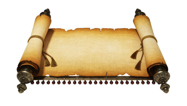 Antique parchment scroll with ornate metal ends and tassels, isolated on transparent background