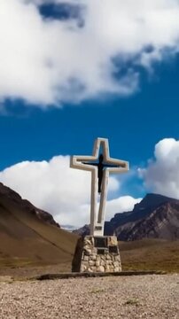 Aconcagua, a mountain in the Andes Mountains between Chile and Argentina. Time lapse in vertical video