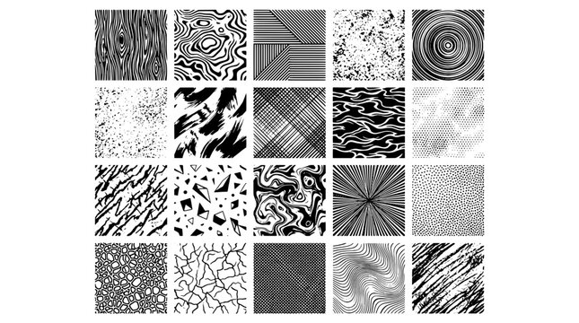 Patterns abstract vector tile set with black ink line textures, stipple speckles, waves and swirl spirals for design backgrounds