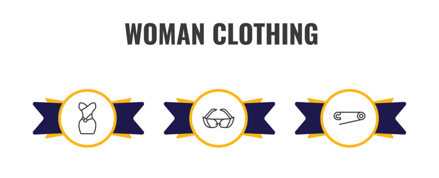 woman clothing outline icon set. thin line strapless tube dress, glasses for eyes, perdible pin icons. editable vector