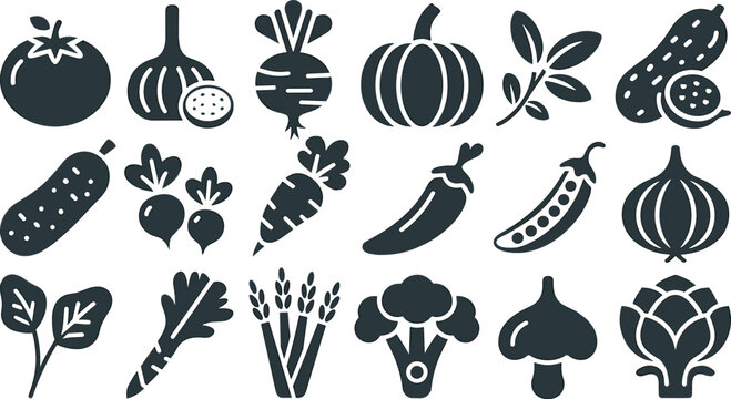 Fresh Vegetable and Organic Food Glyph Icon Set Featuring Solid Black Silhouette Symbols for Grocery Apps Healthy Eating Menus and Agriculture Brandings
