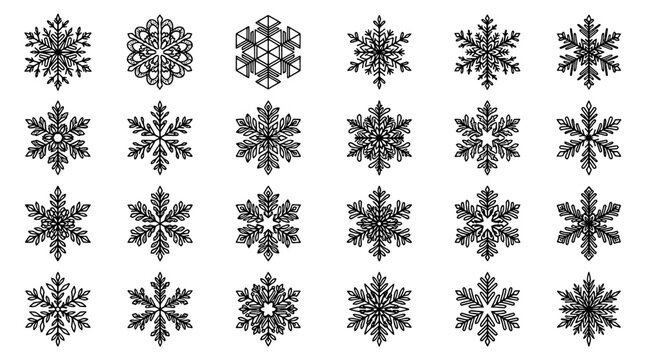 Snowflake doodle icons set with delicate line art and varied geometric patterns for winter holiday designs