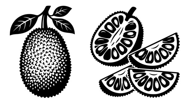 Vintage jackfruit vector illustration set with whole fruit and sliced pieces in black and white woodcut line art style