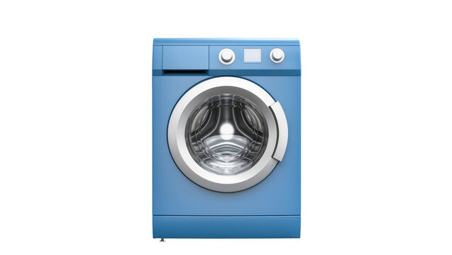 Blue front-loading washing machine with chrome accents, isolated on transparent background