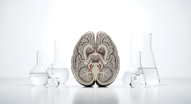 A detailed 3D render of a coronal section brain placed in a scientific laboratory setting surrounded by various glass chemical flasks and beakers