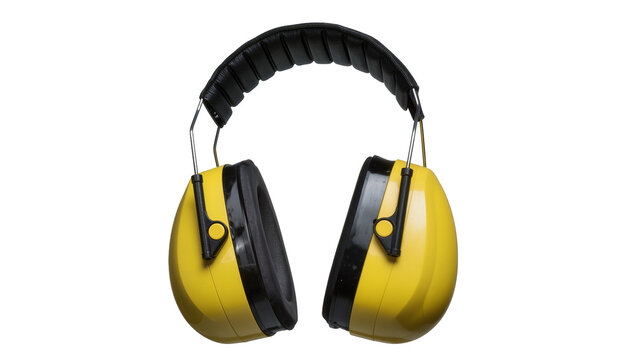 Yellow and black earmuffs with padded headband, isolated on transparent background