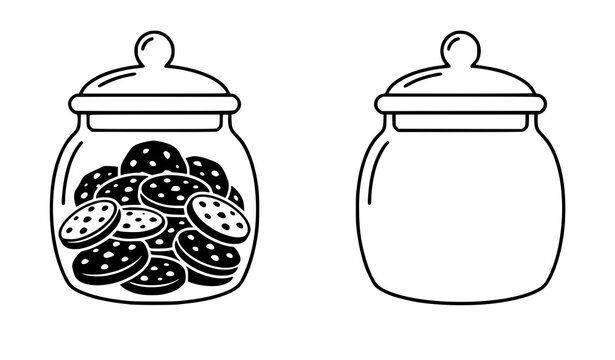 Glass cookie jar vector icon set with full chocolate chip biscuit pot and clear empty line art container symbol