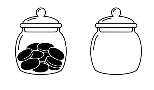 Glass cookie jar vector icon set with full coin savings pot and clear empty line art container symbol