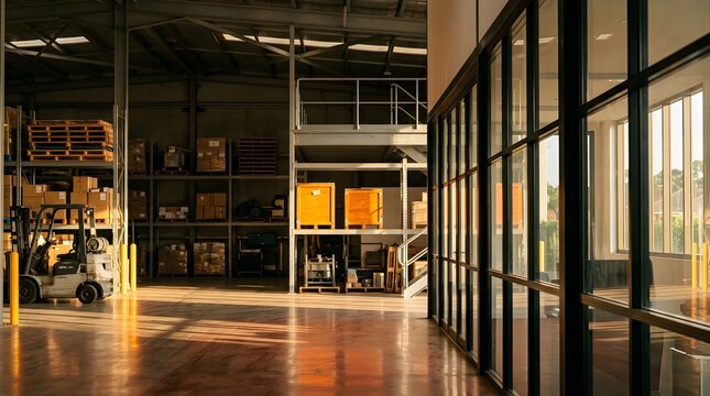 Industrial warehouse interior with sunlight and stacked pallets