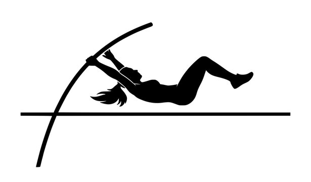 Female pole vault athlete solid black silhouette vector icon with track and field jumper sports action symbol