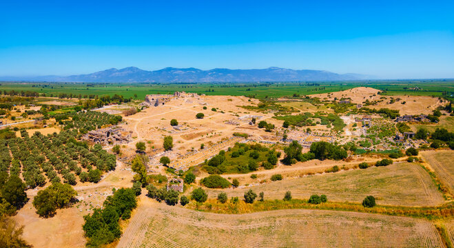 Miletus Archaeological Site aerial panoramic view near Didim city in Turkey