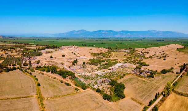 Miletus Archaeological Site aerial panoramic view near Didim city in Turkey