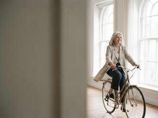Naklejka premium Senior Woman Happily Rides Bicycle Indoors for Active Lifestyle