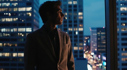 Fototapeta premium Young businessman in suit looks out office window at city skyline at night. Blurred lights from skyscrapers create bokeh effect. Calm thoughtful mood. Business concepts.