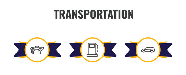 transportation outline icon set. thin line monster truck, petrol station, minivan icons. editable vector © Farahim