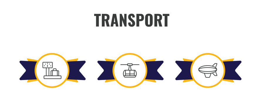 transport outline icon set. thin line airport checking, chairlift, blimp icons. editable vector