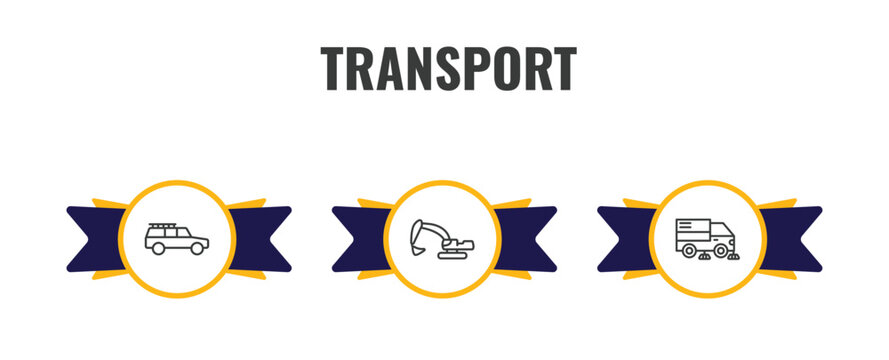 transport outline icon set. thin line off road, excavators, road sweeper icons. editable vector