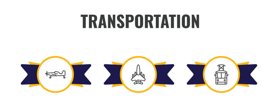 transportation outline icon set. thin line crop duster, military airplane, tram front view icons. editable vector
