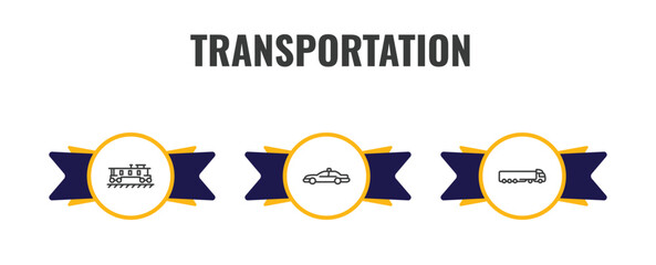 transportation outline icon set. thin line caboose, patrol car, tanker icons. editable vector © Farahim