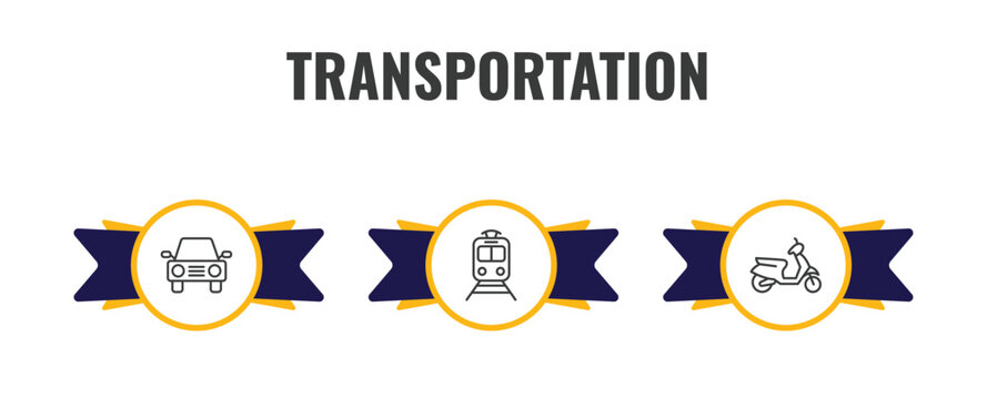 transportation outline icon set. thin line auto, tram stop, scooter icons. editable vector