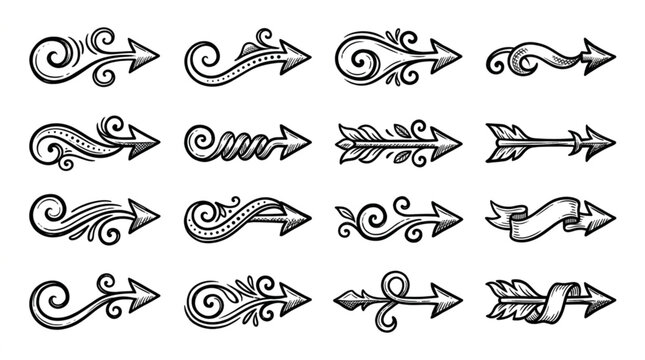 Collection of hand-drawn ornamental arrow illustrations.