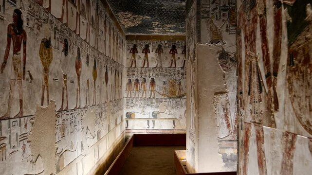 Close-up of ancient Egyptian relief carving inside KV17 tomb of Seti I, Valley of the Kings, Luxor, Egypt, showing a deity figure with black hair and deteriorating pigment.