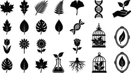 Naklejka premium Botanical biological icons collection leaves flowers dna plants in cages and root systems