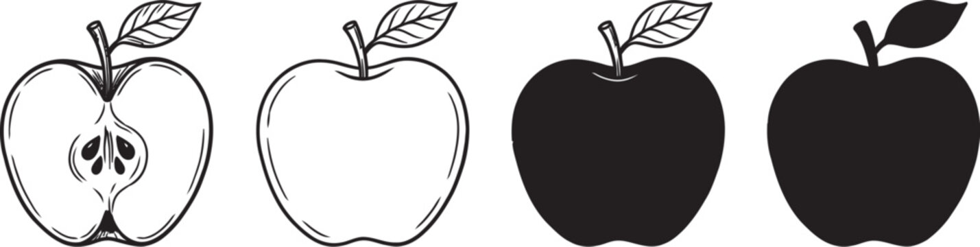 Apple illustrations set black and white line art silhouette and half apple designs